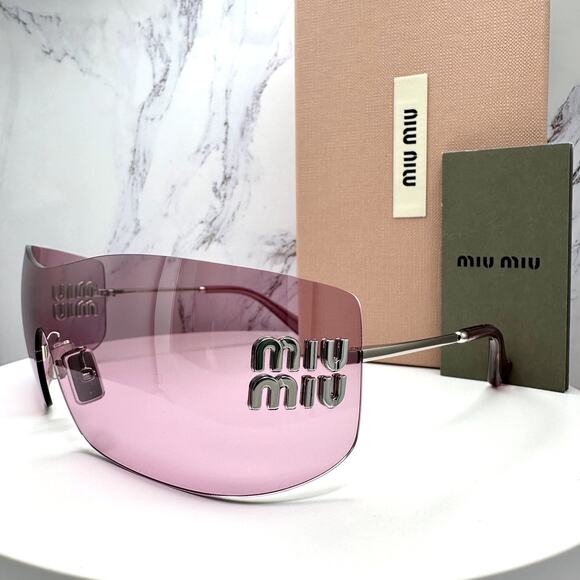 New MIU MIU Sunglasses Aube Silver Pink Mirror Rimless Wrap Authentic Womens main image 4